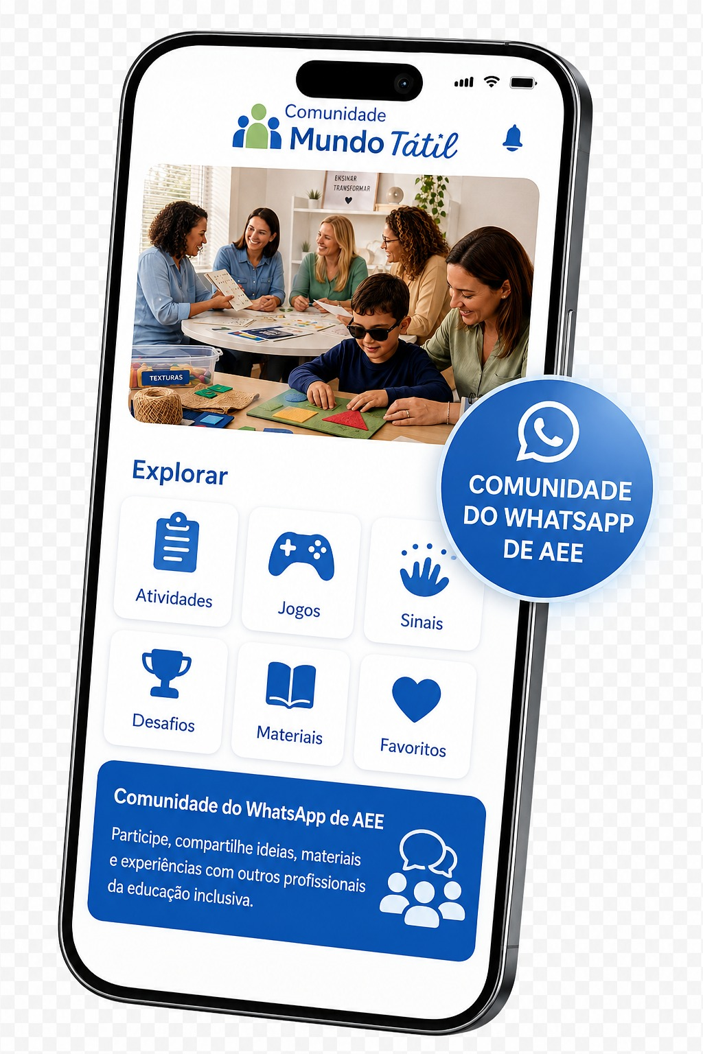 Mockup da Comunidade Mundo Tátil no WhatsApp